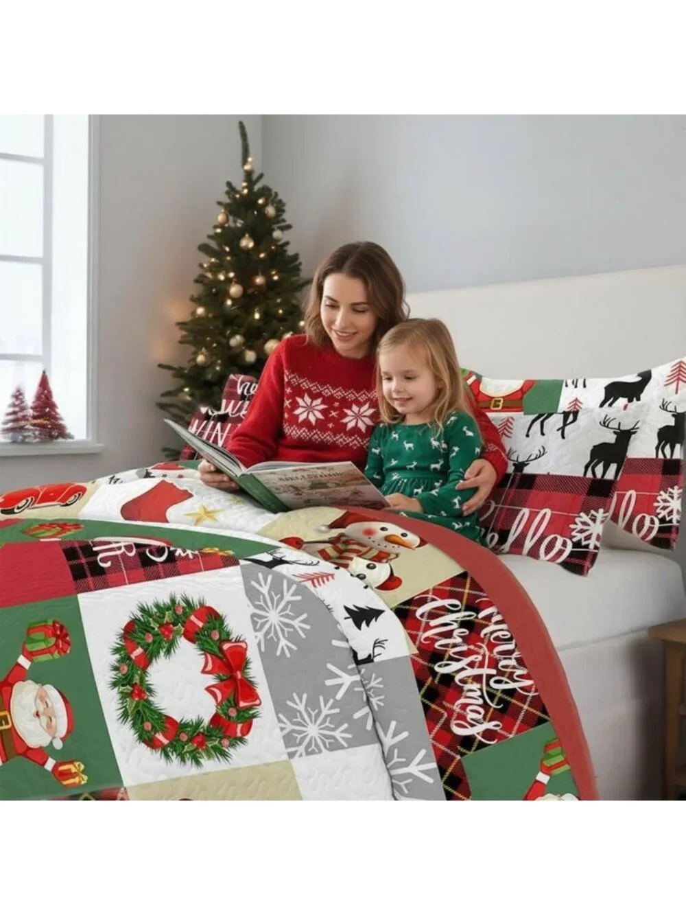 Festive Christmas Patchwork Quilt Set King - Santa Snowman Tree Bedding, Soft